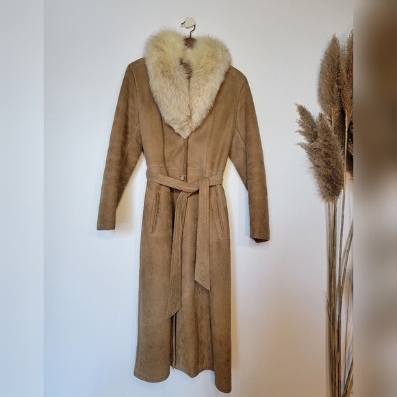 VINTAGE suede trench coat with real fox fur collar Canadian made - Picture 1 of 15